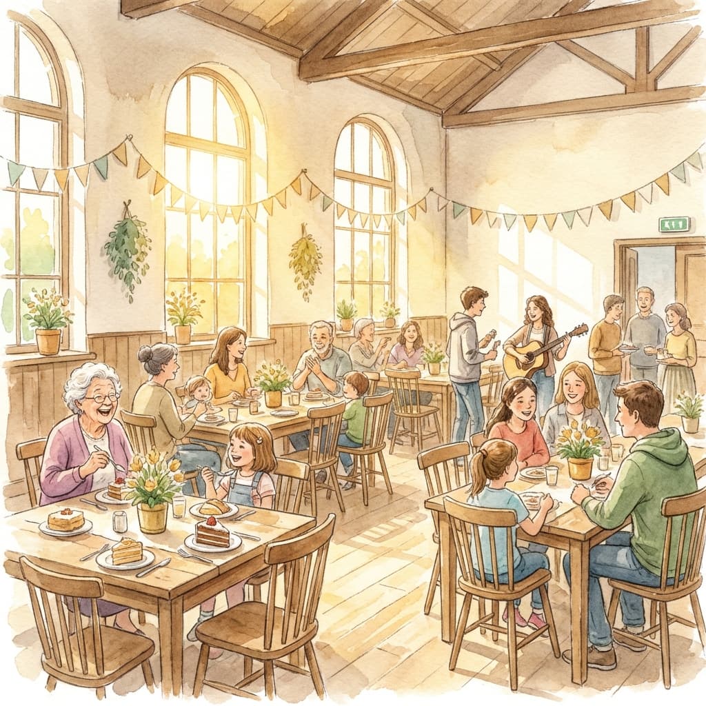 A lively community gathering inside a village hall, with families enjoying food and music together
