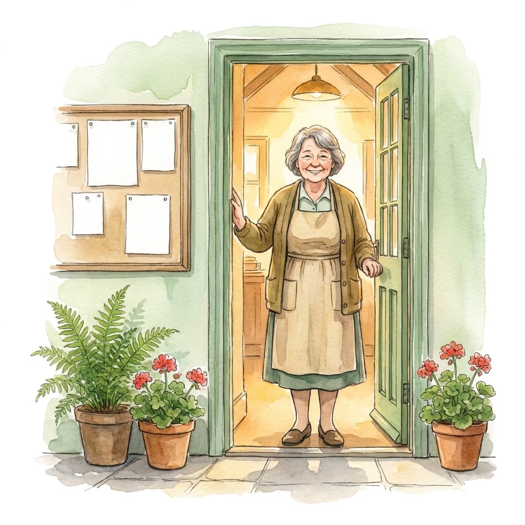 A welcoming venue manager standing at the doorway of a village hall