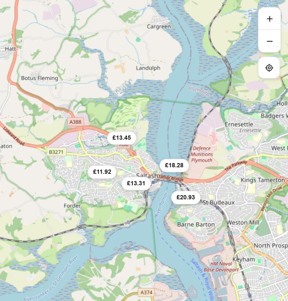 The map beside the Saltash results, showing each nearby hall as its hourly price, with the river and the villages around it.
