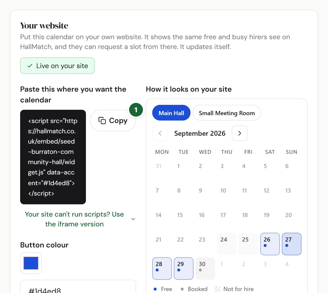 The Your website panel in Diary settings: the line to copy, the Copy button marked 1, the button colour, and a preview of the calendar.