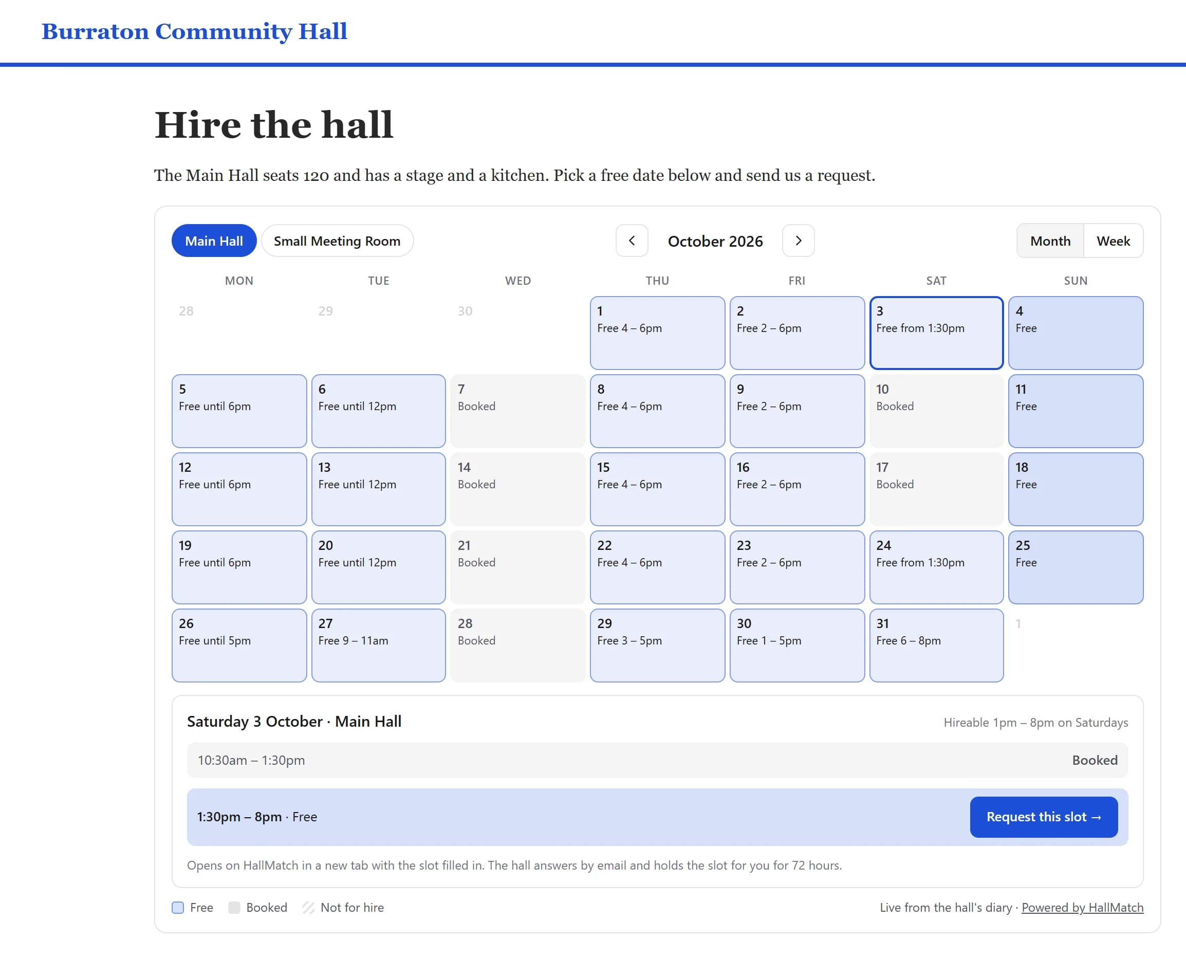 A hall's own website with the HallMatch calendar on it: October in the Main Hall, each day marked free, part free with the free hours, or booked, and Saturday 3 October opened to show a free slot from 1:30pm with a Request this slot button.