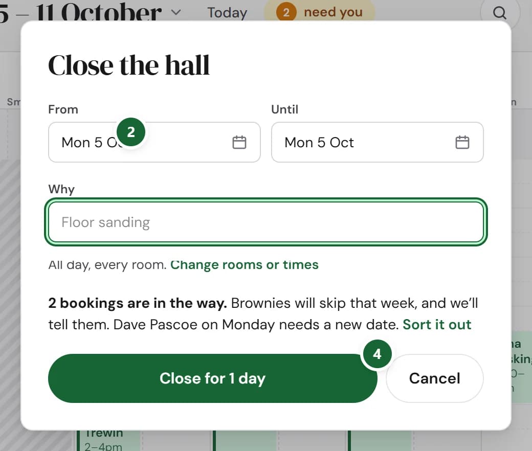 The Close the hall dialog: From Mon 5 Oct (marked 2), Until, Why, All day, every room, two bookings in the way with Sort it out, and Close for 1 day (marked 4).
