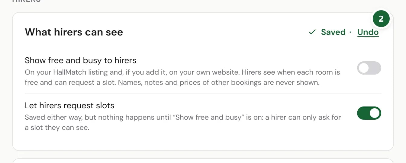 The What hirers can see card in Diary settings just after a change, with Saved and Undo (marked 2) in its title row.