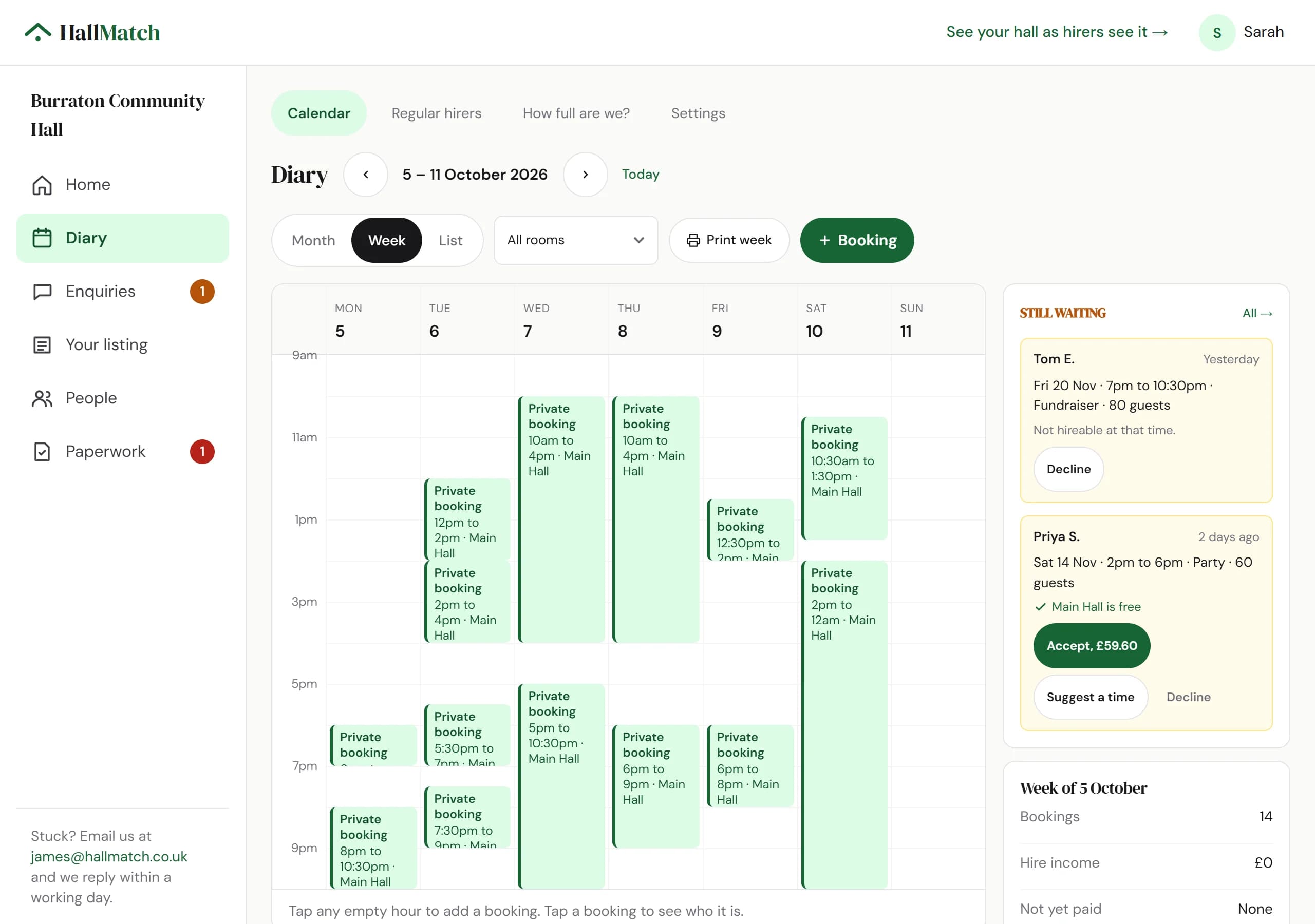 The Diary's week of 5 to 11 October: private bookings in the Main Hall each day, + Booking and Print week at the top, and a Still waiting panel of two requests from hirers with Accept, Suggest a time and Decline.