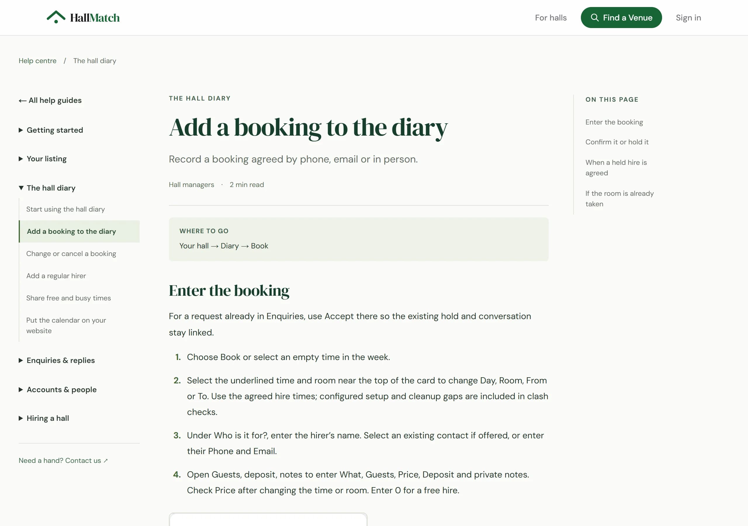 The Add a booking to the diary guide: a Where to go box reading Your hall, Diary, Book, then numbered steps, with the other diary guides listed down the side.