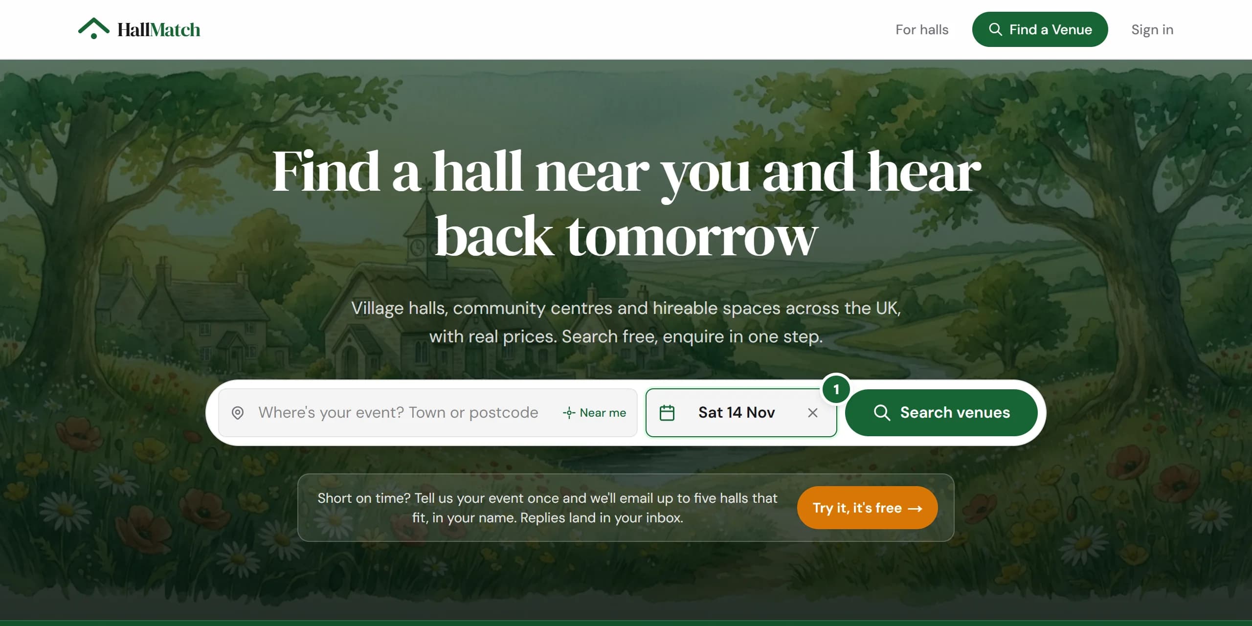 HallMatch's front page with Sat 14 Nov in the When? box (marked 1), between Where's your event? and Search venues.