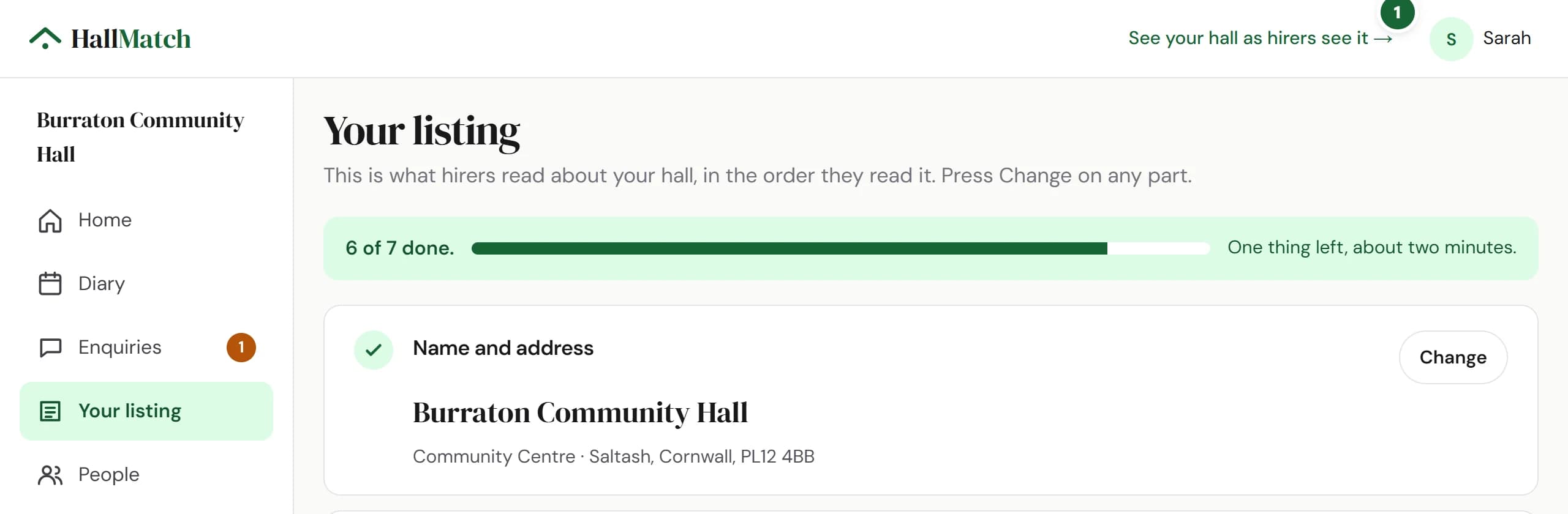 The top of a hall's dashboard, with the link See your hall as hirers see it at the top right (marked 1). Before a listing is live the same link reads Preview your page.