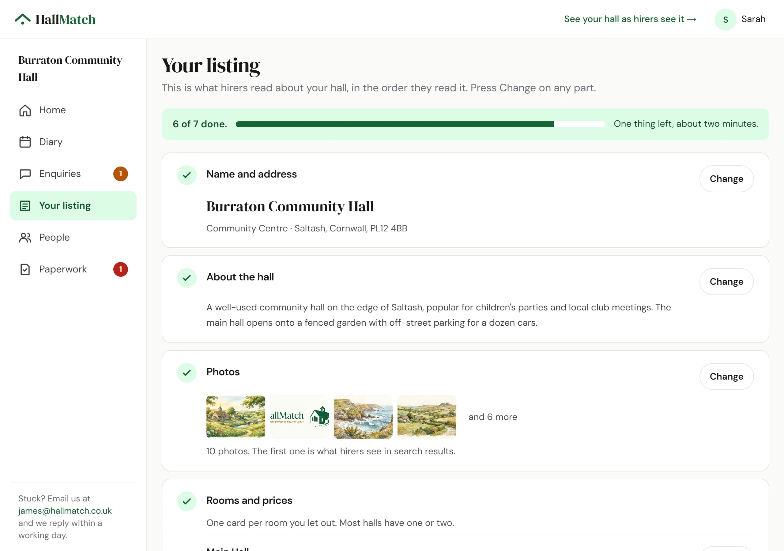 Your listing for Burraton Community Hall: 6 of 7 done, then Name and address, About the hall, Photos and Rooms and prices, each ticked with a Change button.