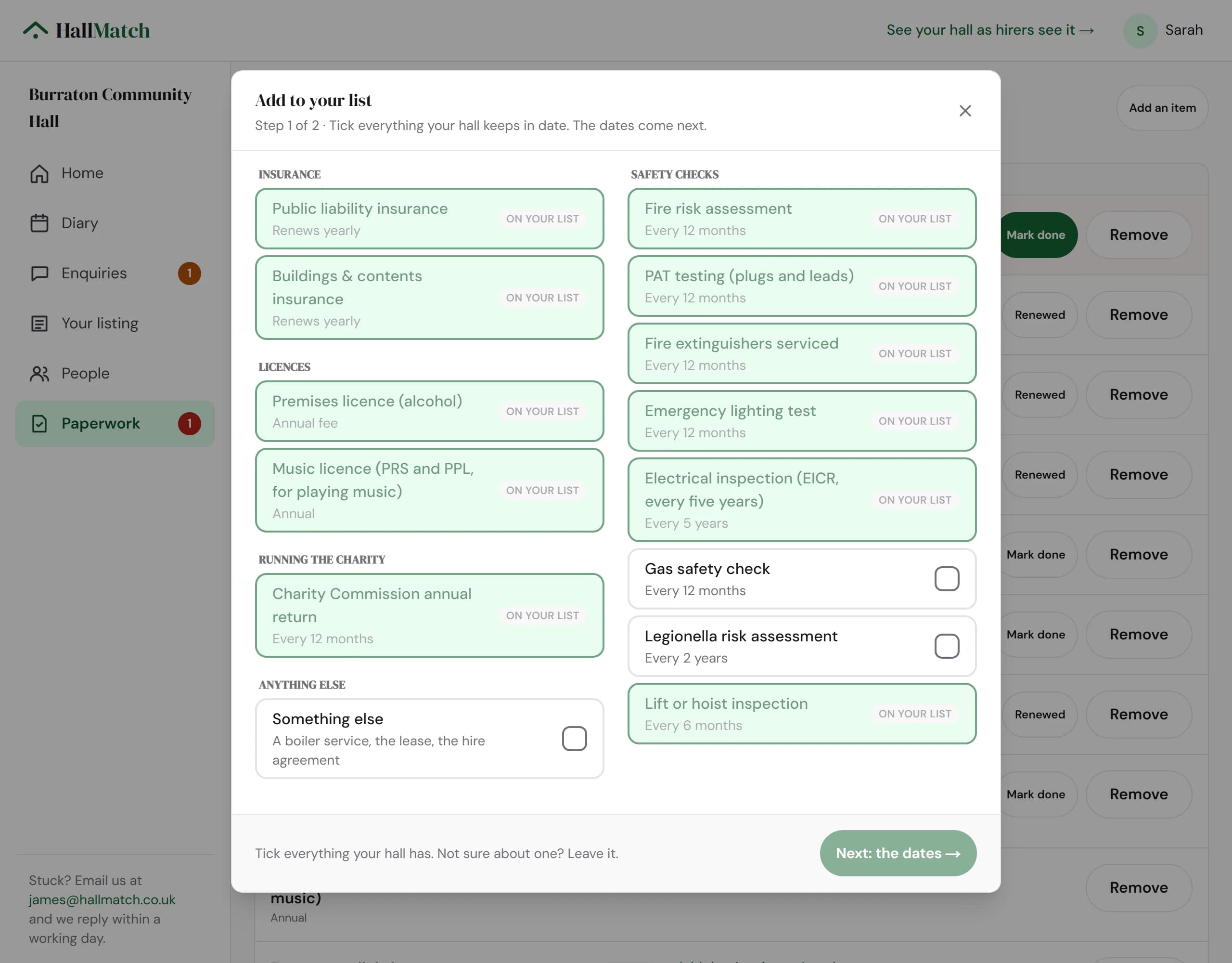 The Add to your list window, step 1 of 2: insurance, licences, safety checks and running the charity as tick boxes, some already On your list, and a Next: the dates button.