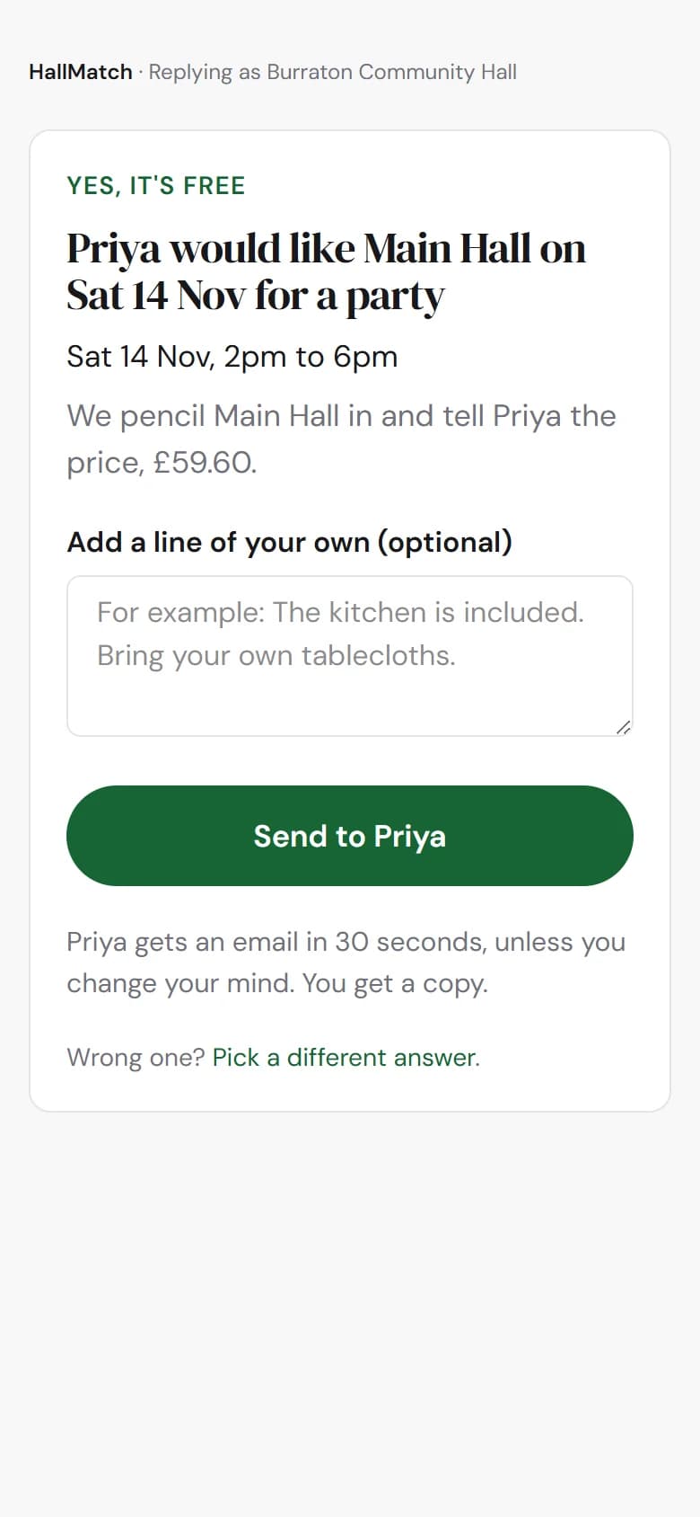 On a phone, the Yes, it's free page: We pencil Main Hall in and tell Priya the price, £59.60, and a Send to Priya button.