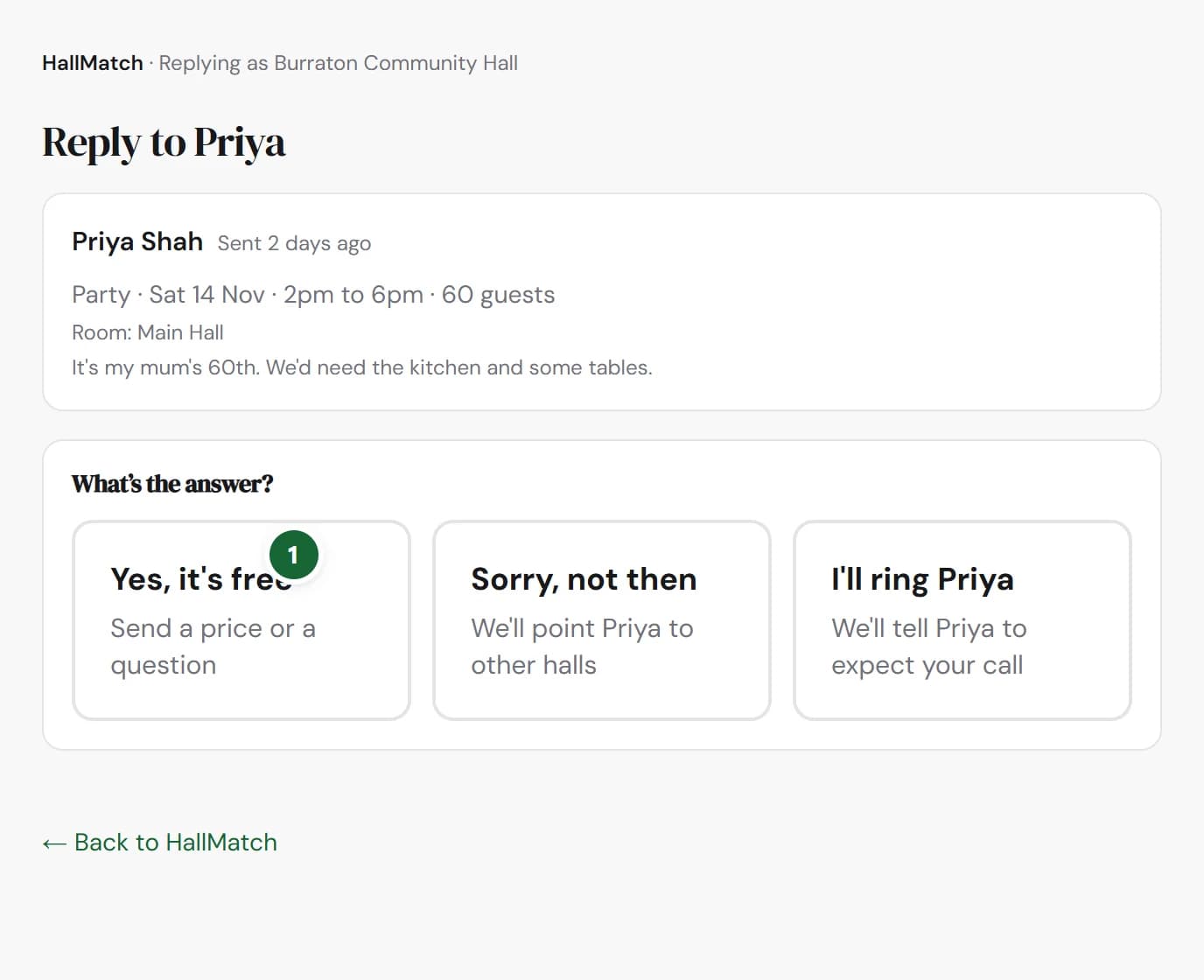 The reply page for Priya's enquiry about a party on Saturday 14 November, with three answers: Yes, it's free (marked 1), Sorry, not then and I'll ring Priya.