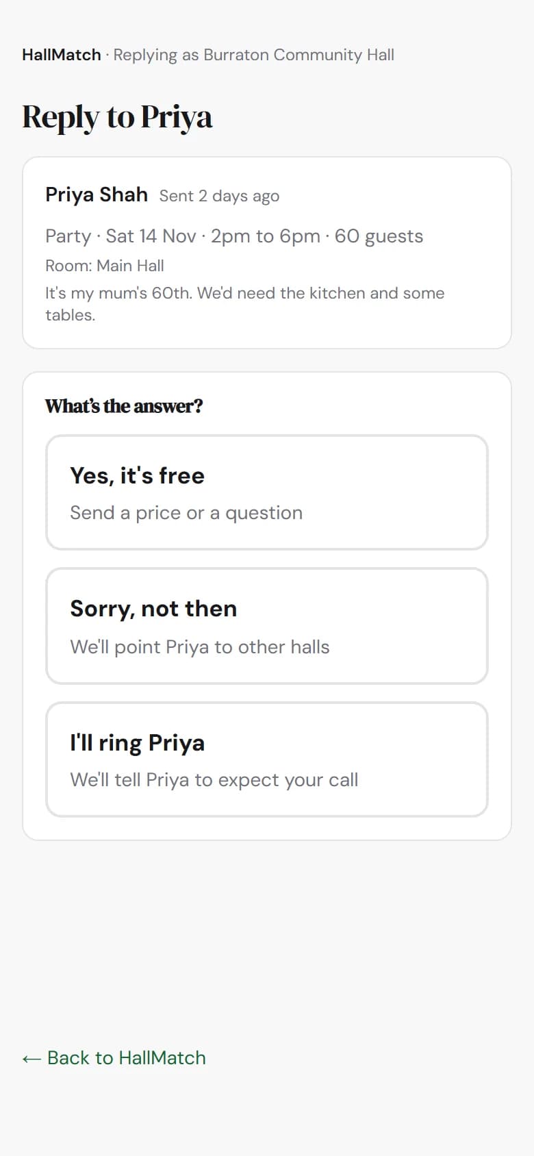 On a phone, Reply to Priya: a party on Saturday 14 November, 2pm to 6pm, 60 guests, and three answers: Yes, it's free, Sorry, not then, I'll ring Priya.