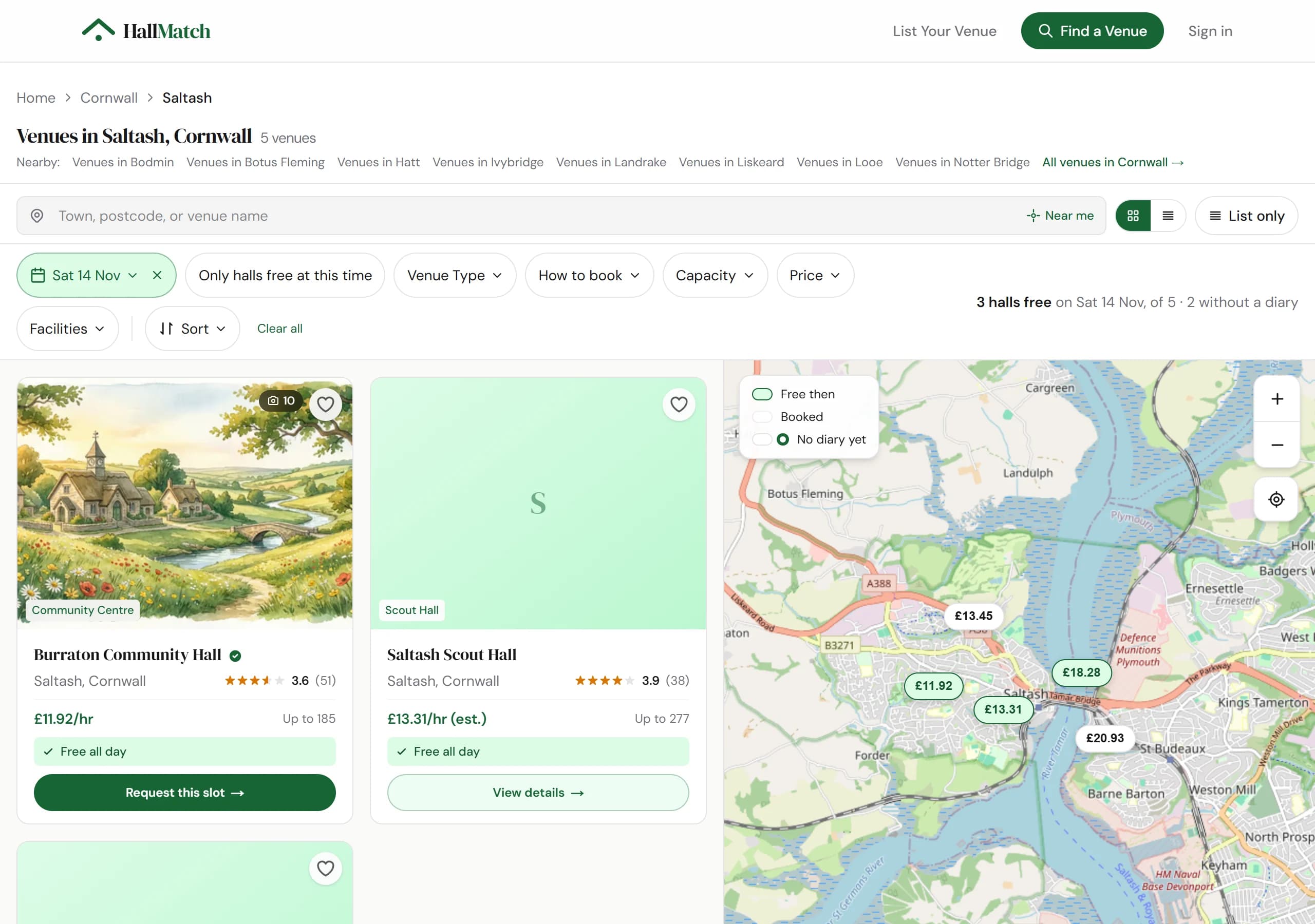 Venues in Saltash with Sat 14 Nov chosen: 3 halls free on Sat 14 Nov, of 5, 2 without a diary. The first card says Free all day and has a Request this slot button; the map shows each hall's price.