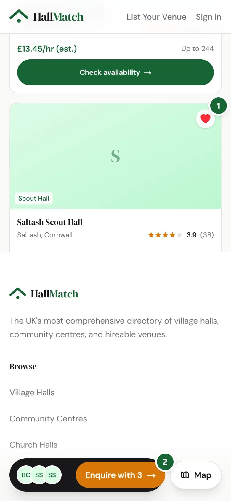 On a phone, Saltash's halls with three hearts filled (marked 1), and a bar at the foot of the screen with the three halls' initials and an Enquire with 3 button (marked 2).