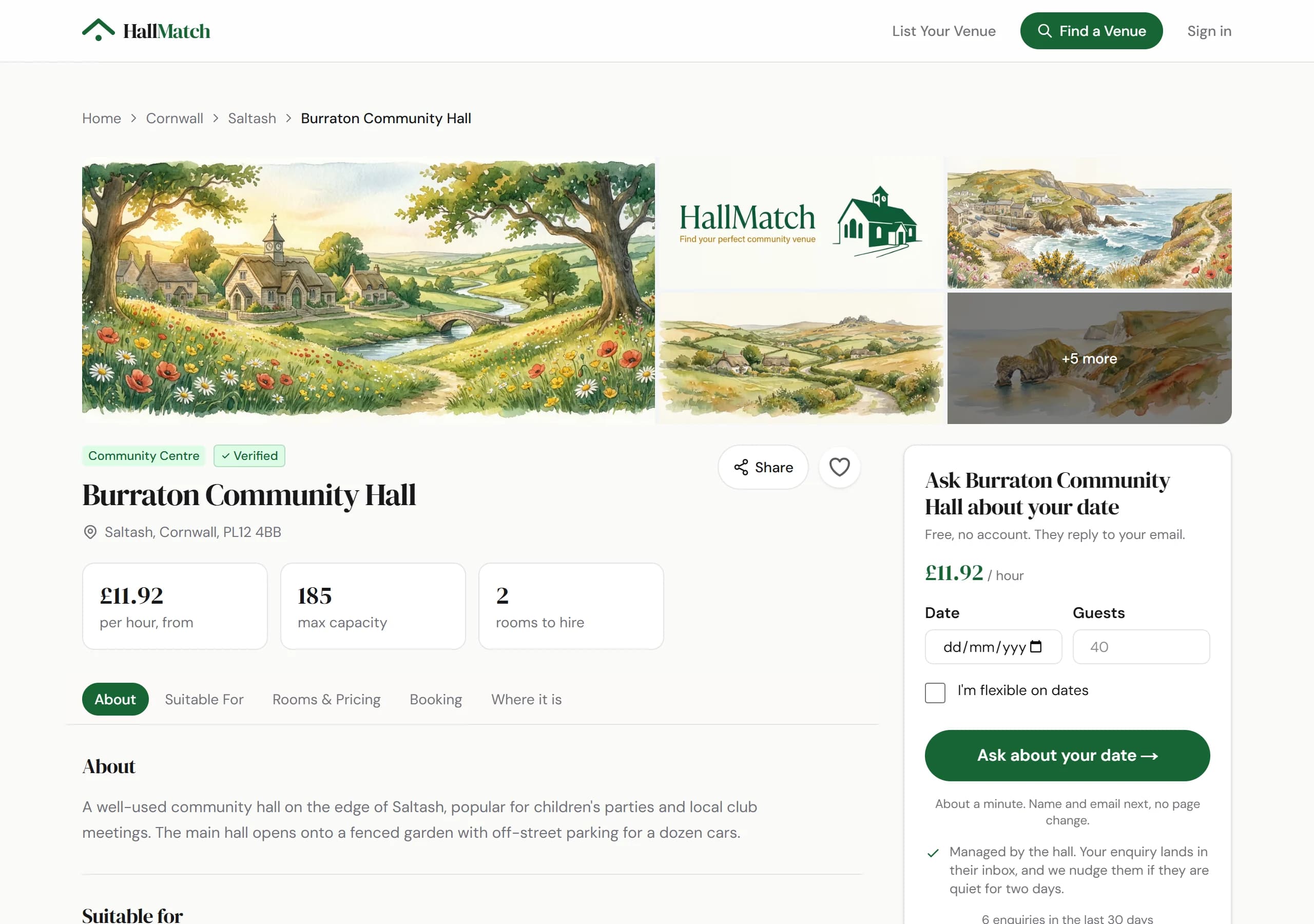 Burraton Community Hall's page: photos, the price from £11.92 an hour, and on the right a box headed Ask Burraton Community Hall about your date, with Date, Guests and an Ask about your date button.