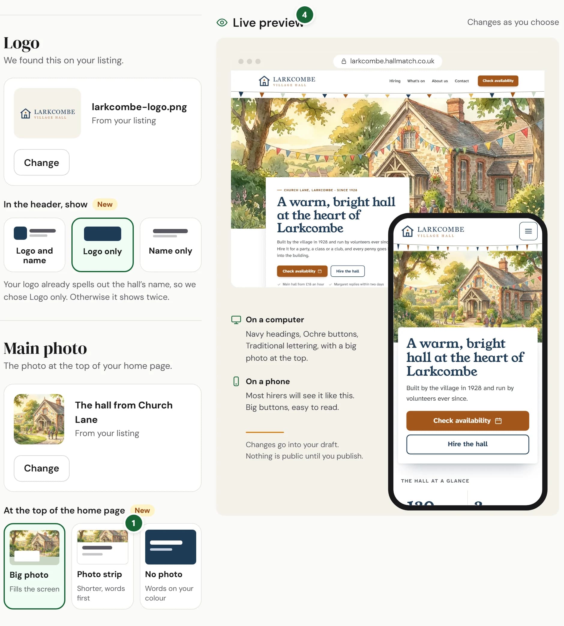 Website, then Look: the Logo and Main photo groups, with Photo strip (marked 1) under At the top of the home page, beside the Live preview of the hall's home page on a computer and a phone (marked 4).