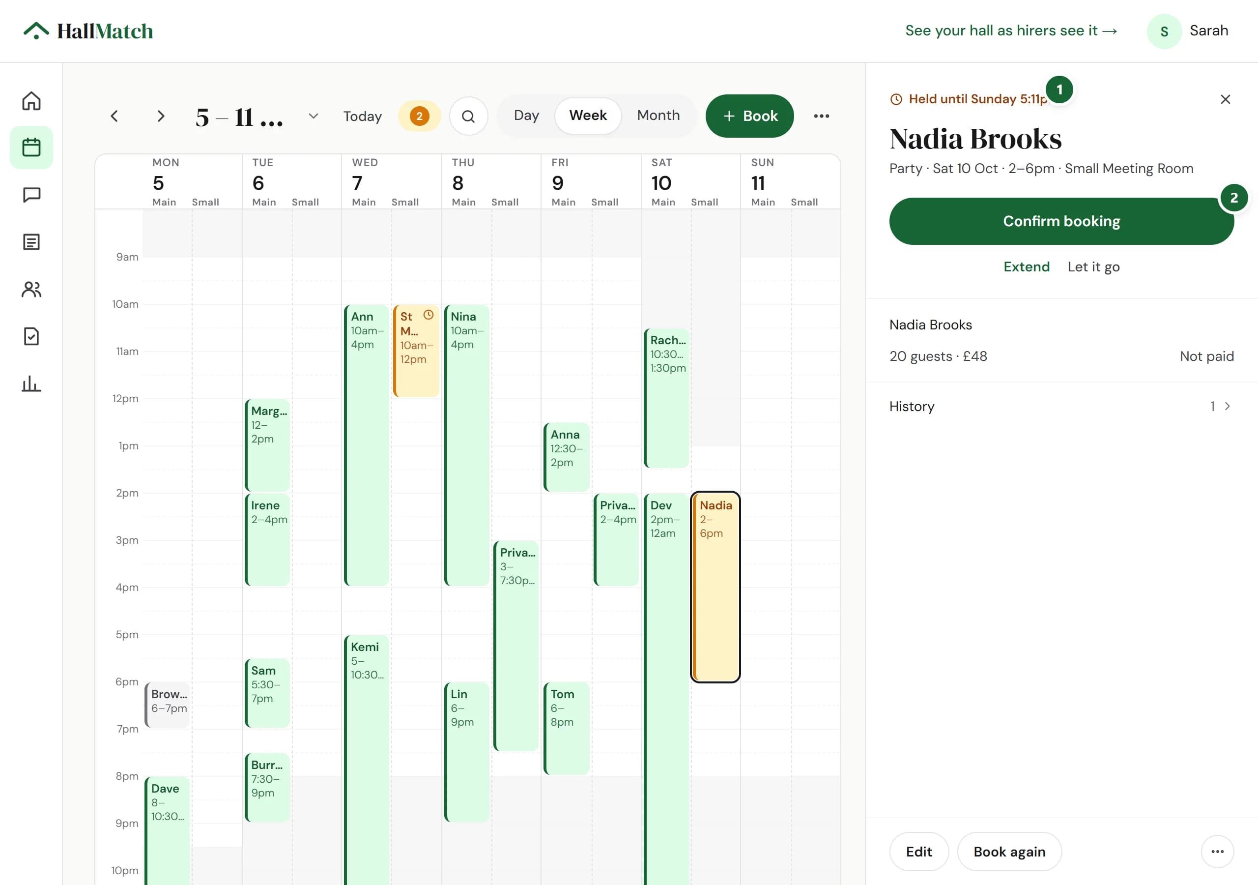A held booking opened beside the diary: Held until Sunday (marked 1), Nadia Brooks, party on Saturday 10 October, 2 to 6pm, in the Small Meeting Room, with Confirm booking (marked 2), Extend and Let it go.