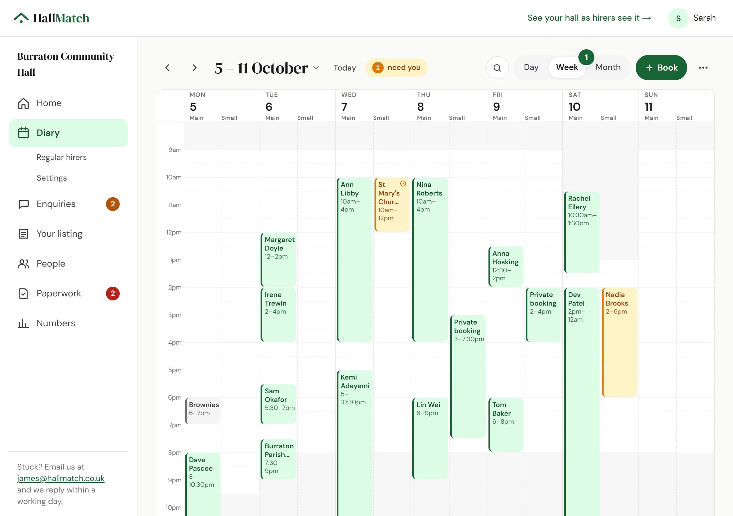 The Diary's week of 5 to 11 October, with the Main Hall and Small Meeting Room side by side each day, bookings named by hirer, and Week (marked 1) chosen beside Day and Month.