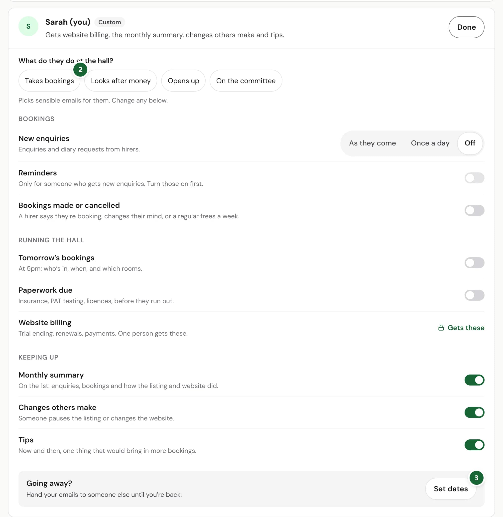 One person's card open on the Emails page: What do they do at the hall? with Takes bookings marked 2, the emails they get underneath, and Going away? with Set dates marked 3.