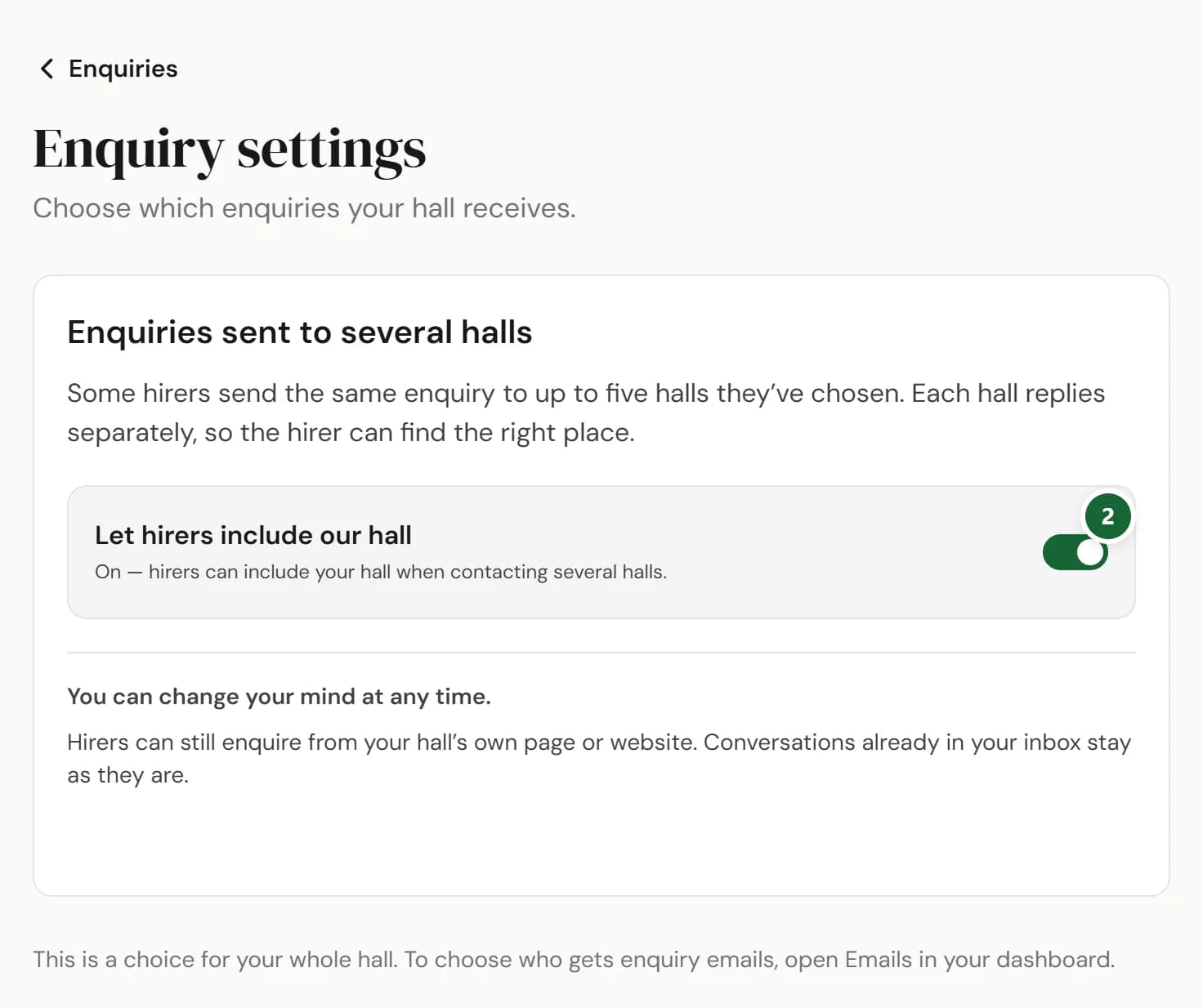 Enquiry settings with Let hirers include our hall switched on, marked 2, and an explanation of which enquiries the setting changes.