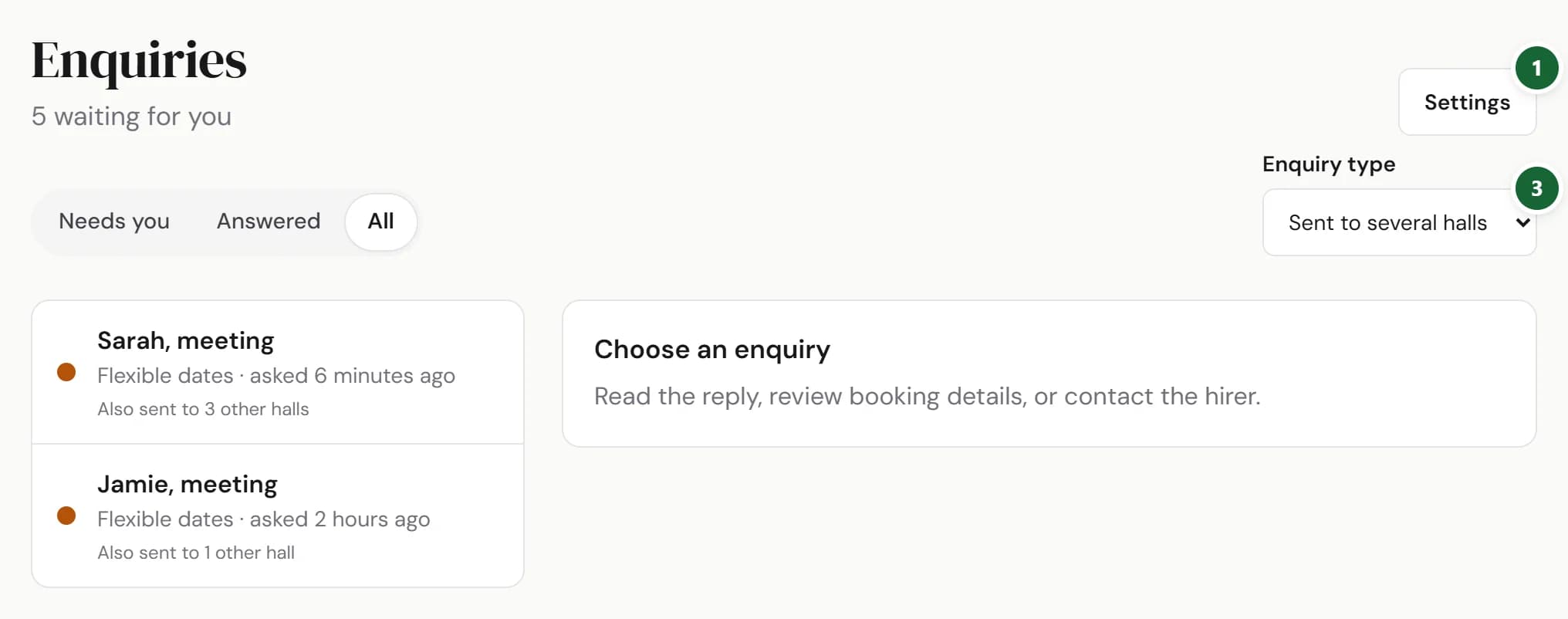 Enquiries with Settings marked 1 and Enquiry type marked 3, filtering the inbox to enquiries sent to several halls.