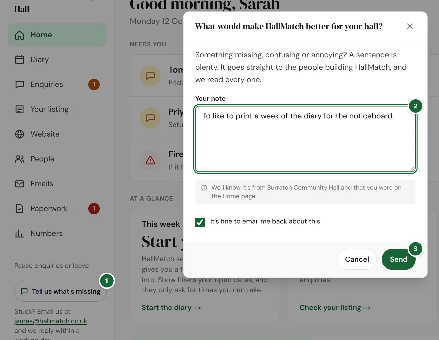 The Tell us what's missing box open over a hall's Home page: the button that opens it (marked 1), a note about printing a week of the diary (marked 2) and Send (marked 3).