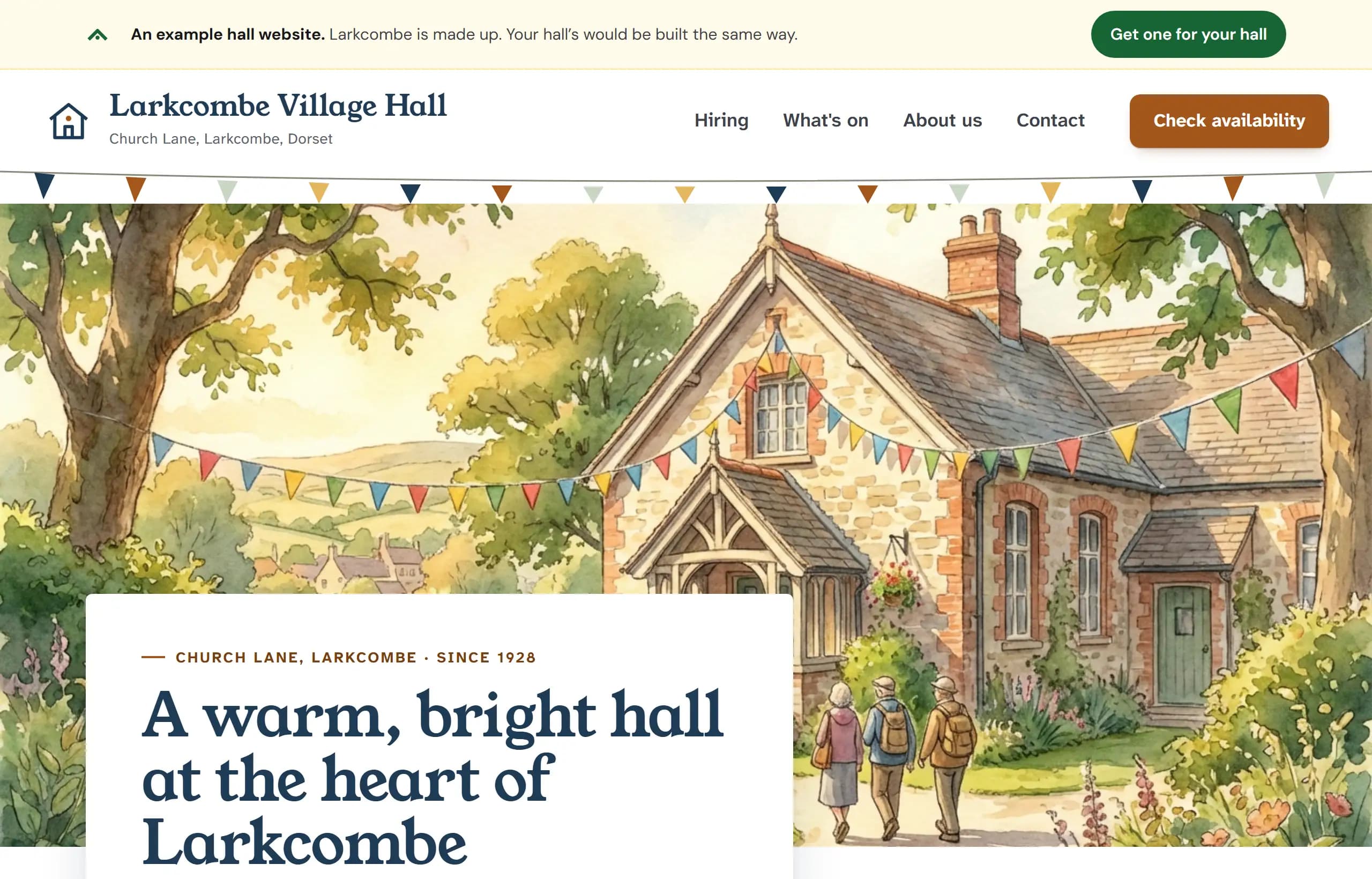 Larkcombe Village Hall's example website: a bar across the top says it is an example and Larkcombe is made up, with Get one for your hall, then the hall's own menu, photo and welcome.