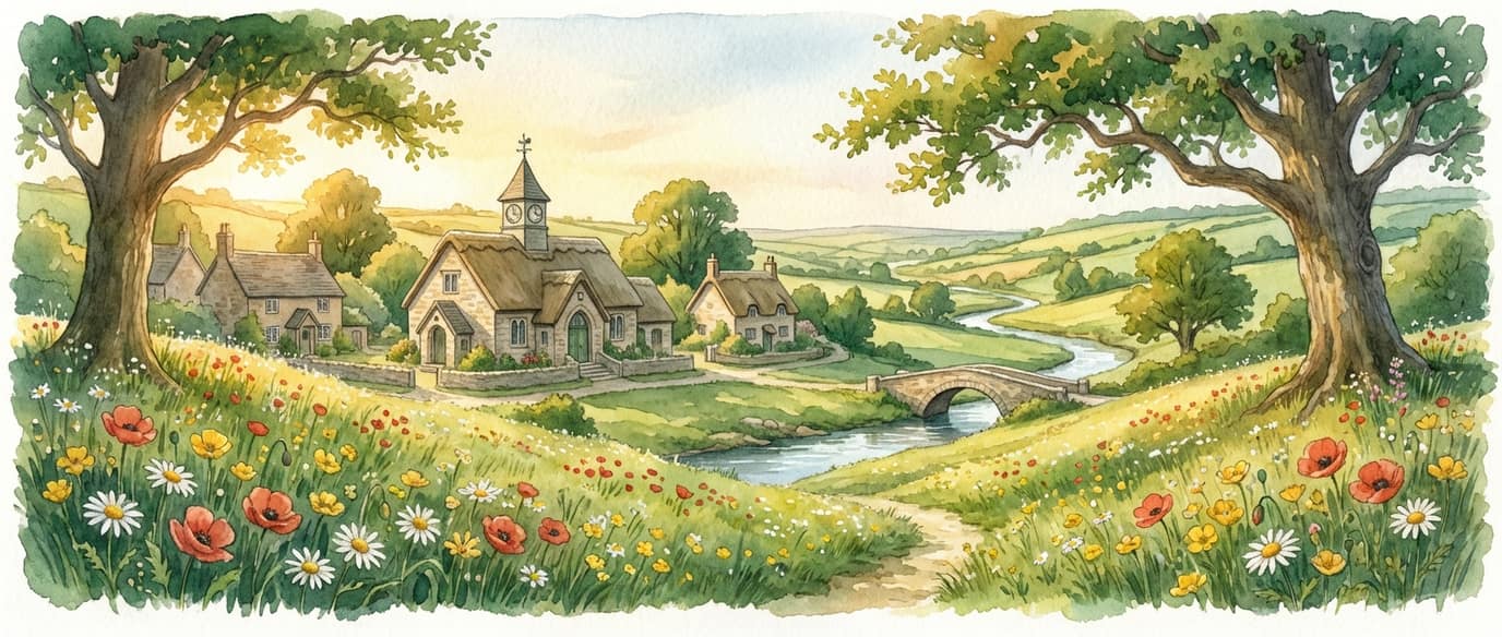 Watercolour of a village with its hall, a river and a bridge