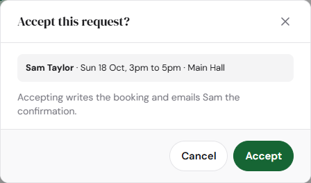 Accept this request confirmation dialog stating the hirer, date, time and room.