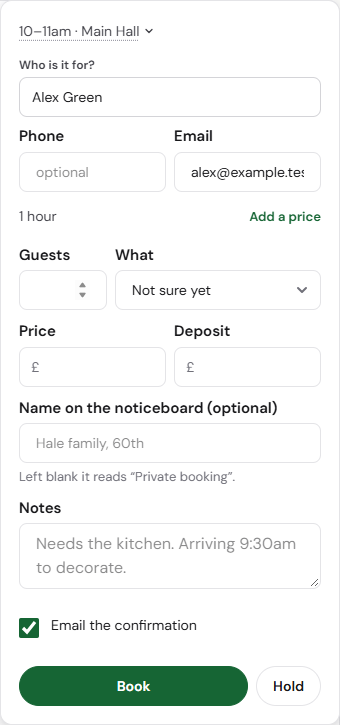 The underlined slot opens date and room controls. Guests, deposit, notes opens prices and the email choice.