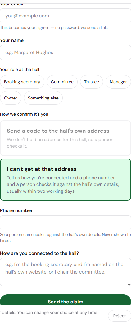 Claim form with role choices and the manual verification fields.