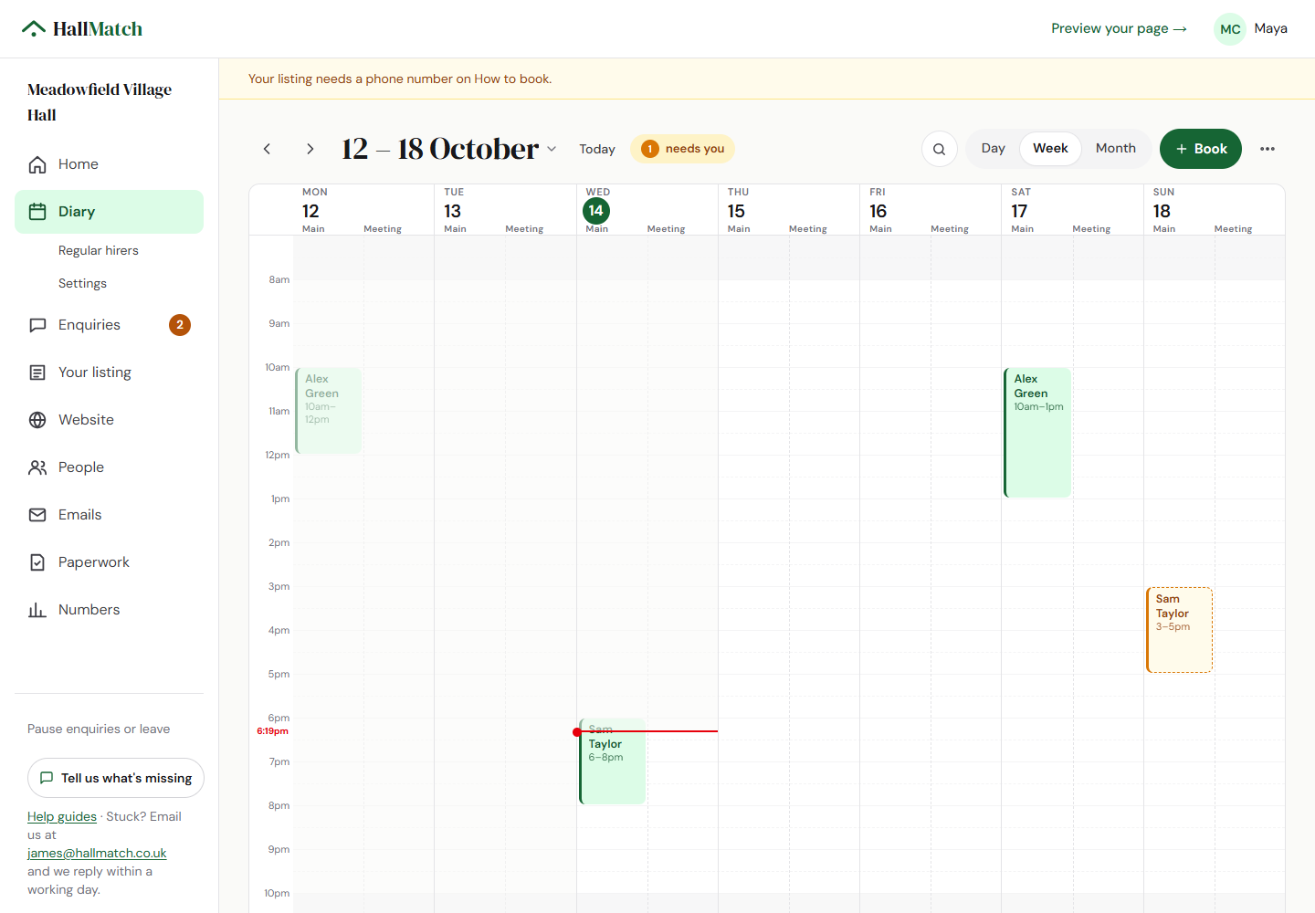 Choose Day, Week or Month. Book adds a hire; select an entry to open its details.