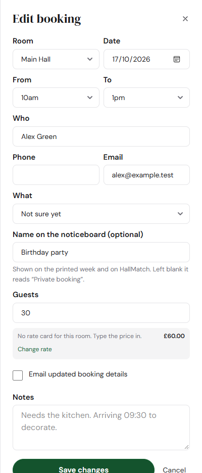 Email updated booking details uses the details and address saved by this action.