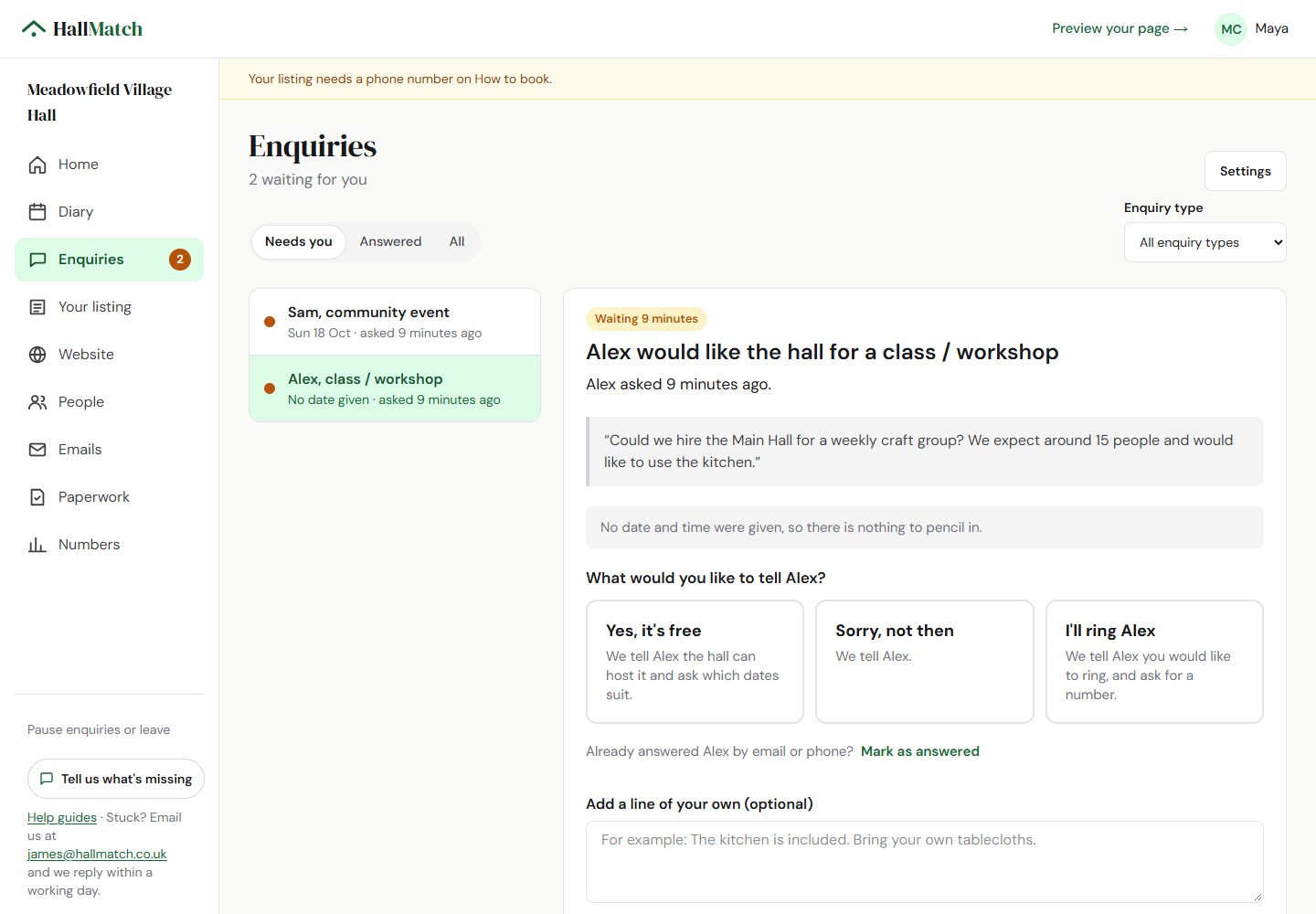 A general enquiry with reply choices, an optional message field and the Send to Alex button.