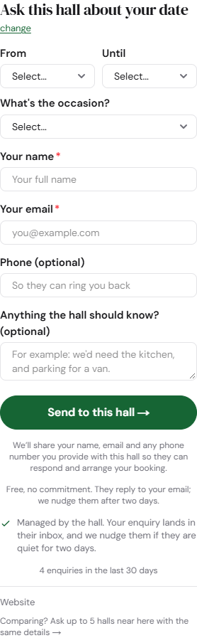 Expanded enquiry form with event, contact details, optional requirements and the send button.