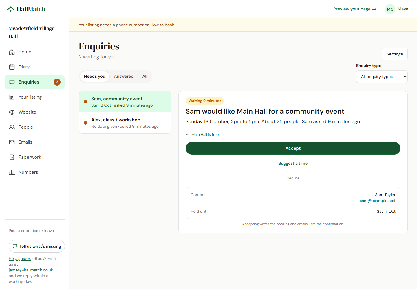 A sample request showing Main Hall is free, Accept, Suggest a time and Decline.