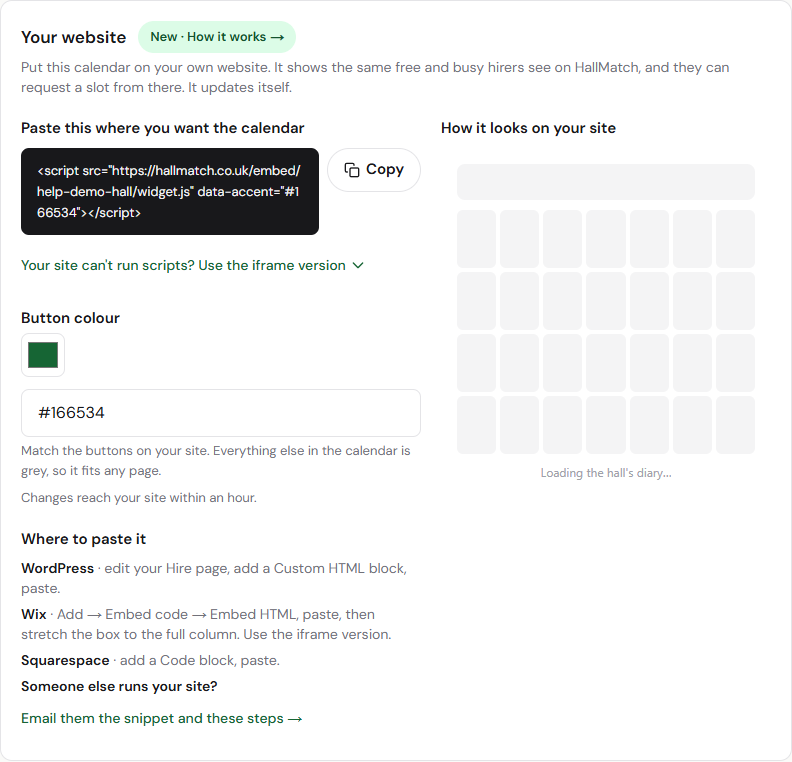 Use your own hall’s code. Script resizes automatically; an iframe may need its height adjusted in the website editor.